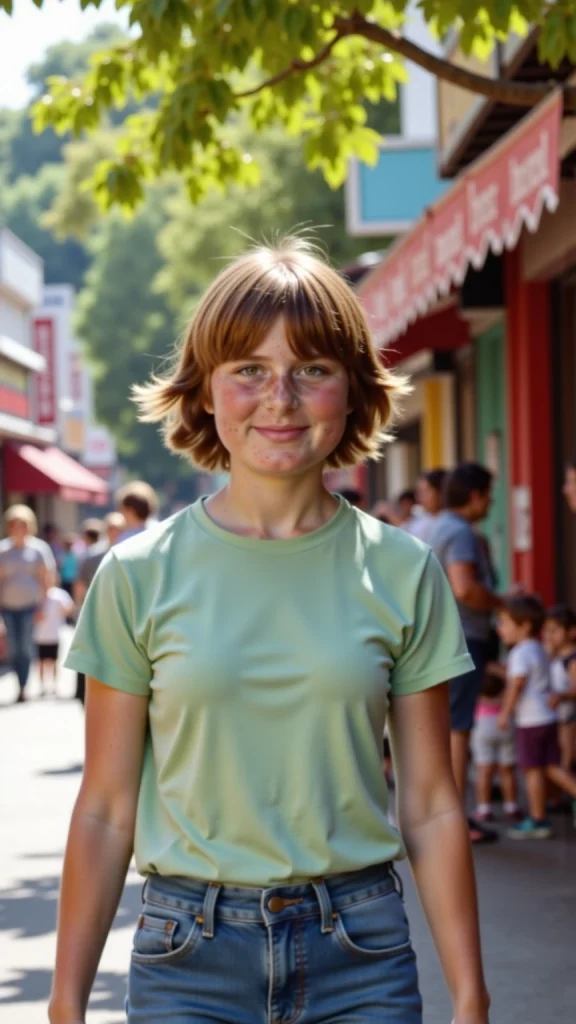 AI-generated illustration of a young woman resembling Tom's wife in 1981, she is walking down a street.