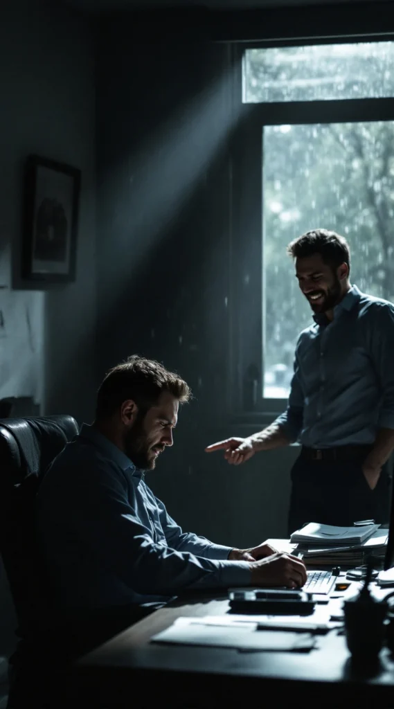 A man is laughing and pointing at another, sad-looking man