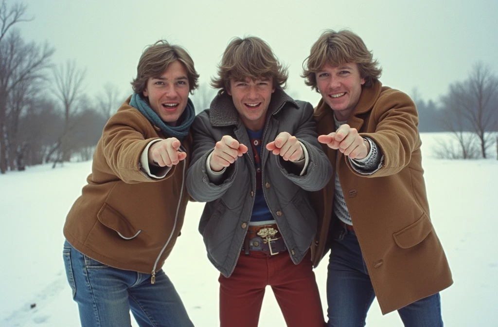 AI-generated illustration of three young men in 1970s clothes, pointing at the viewer as if making fun of him.
