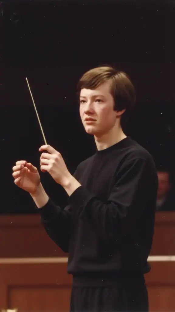 AI-generated illustration resembling Tom in 1981, conducting an orchestra