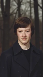 AI-generated illustration of a young man resembling Tom in 1981, standing in a dark forest
