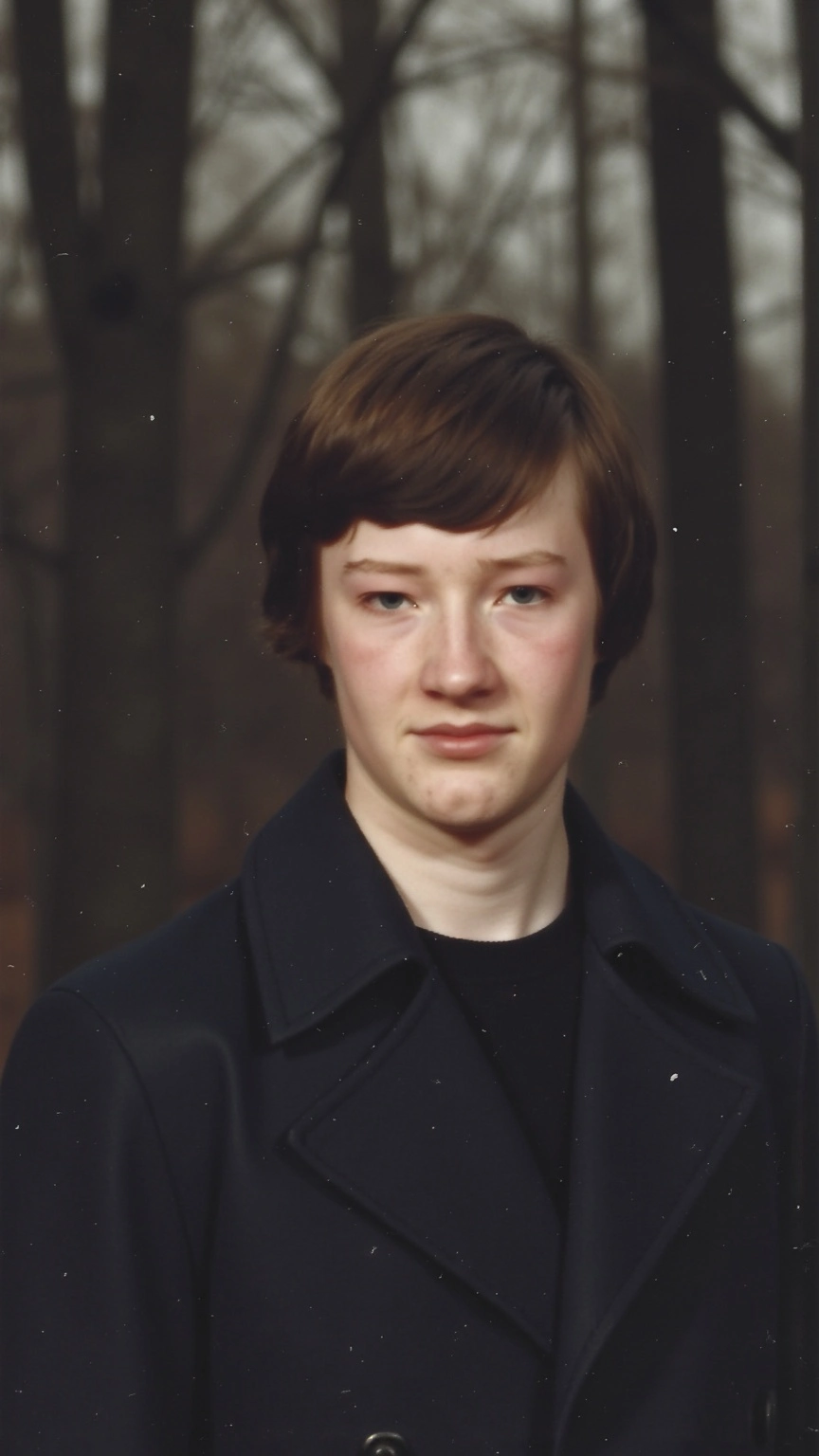 AI-generated illustration of a young man resembling Tom in 1981, standing in a dark forest