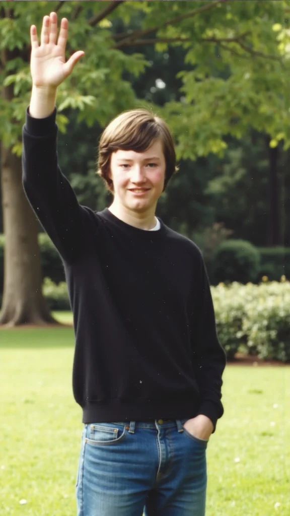 AI-generated illustration of a young man resembling Tom in 1981, standing in a park, waving to somehone
