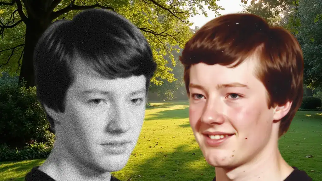 AI-generated illustration of two boys, both resembling Tom in 1981, one looking happy and one looking sad.