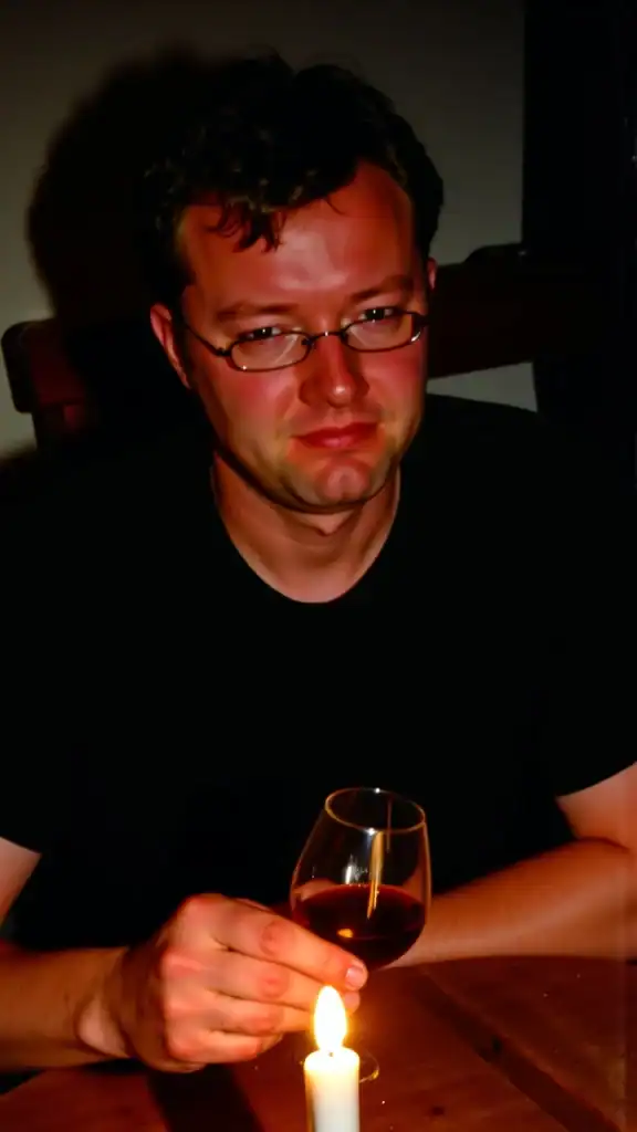 AI-generated illustration of a person resembling Tom in 2001, looking distressed while drinking wine.