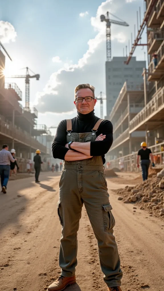 AI-generated picture of a man resembling Tom in 2025, standing on a building site, wearing overalls