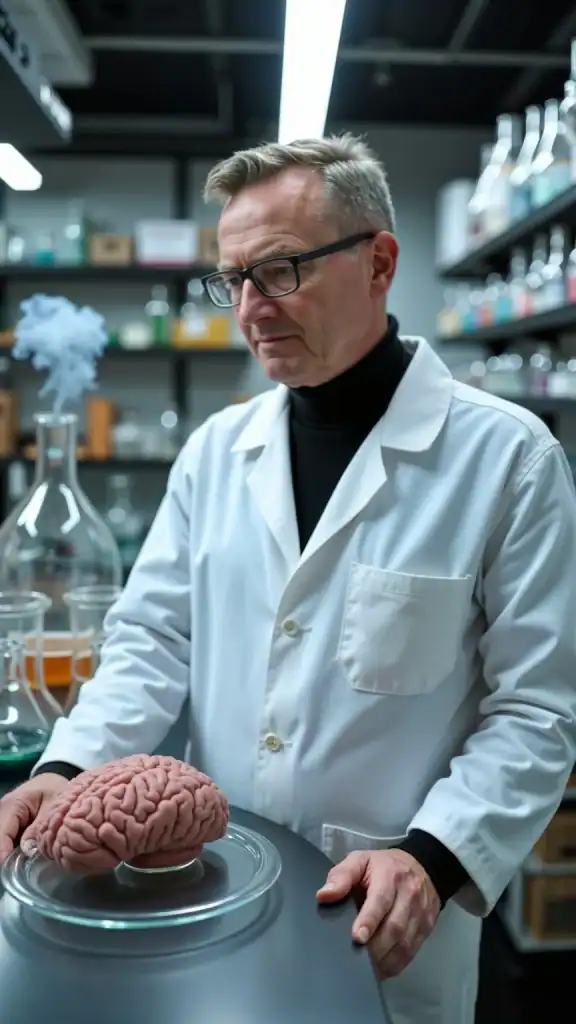 AI-generated illustration of a person resembling Tom in 2025, wearing a white lab coat and looking at a human brain.