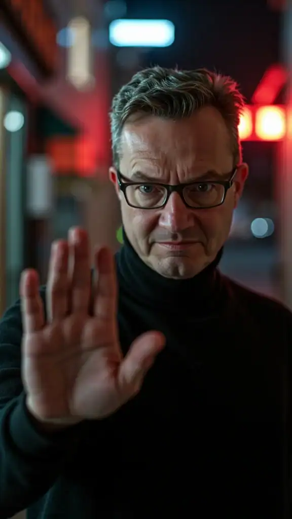 AI-generated illustration of a person resembling Tom in 2025, holding up his hand, palm forward, as if to stop something.