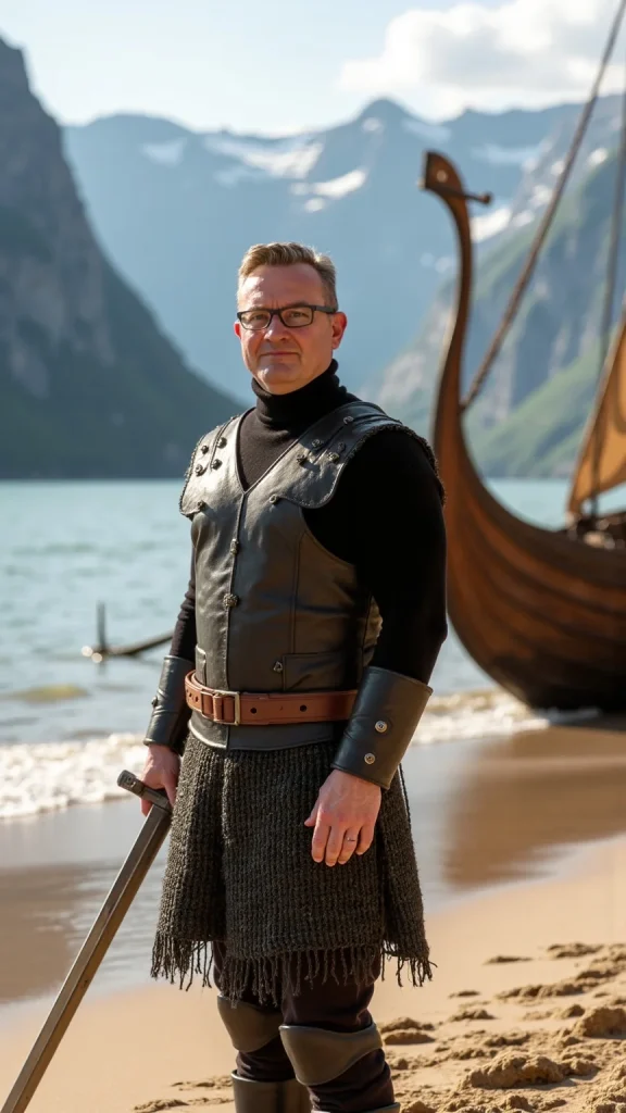 AI-generated illustration showing Tom as he looked in 2025, dressed as a Viking with a Viking ship in the background