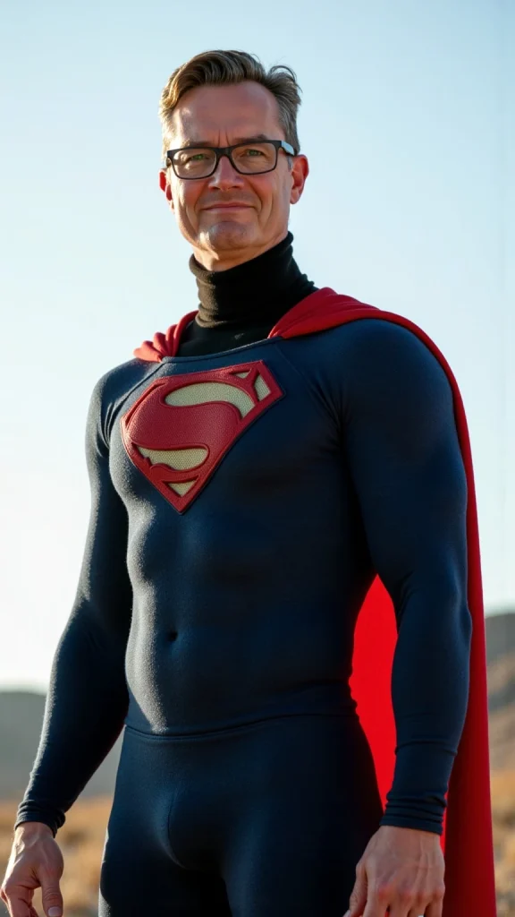 AI-generated illustration showing Tom as he looked in 2025, dressed as Superman and looking confident