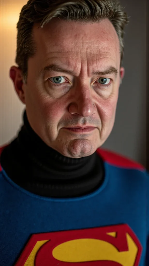 AI-generated illustration showing Tom as he looked in 2025, dressed as Superman but looking sad.