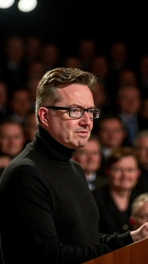 AI-generated illustration showing a person resembling Tom in 2025 holding a speech