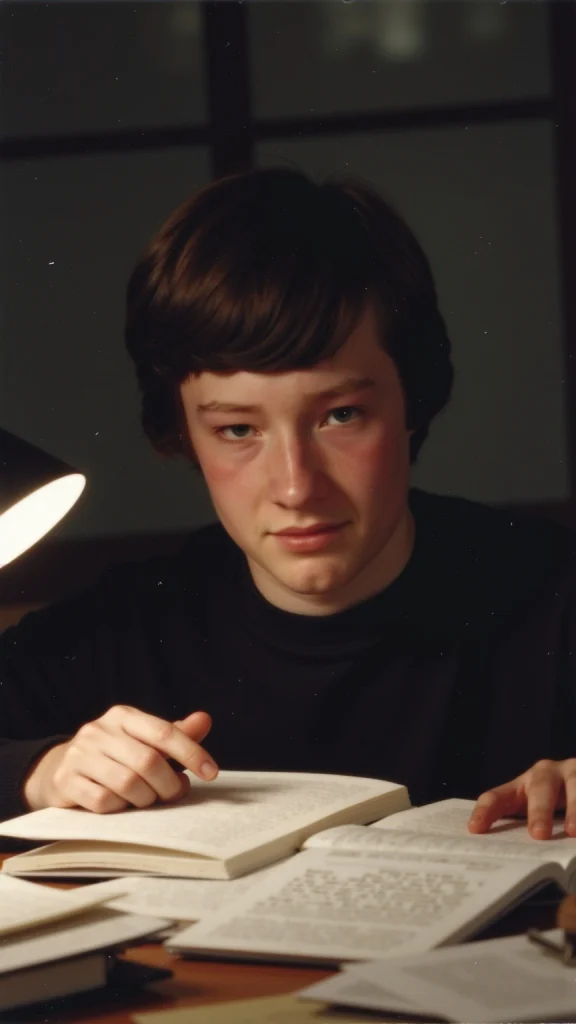 AI-generated illustration showing Tom as he looked in 1981, doing homework
