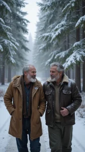 Two elderly men are talking while walking along a forest path in the winter