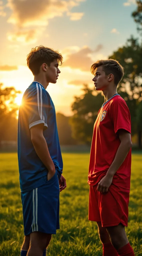 Two boys in football clothes are talking
