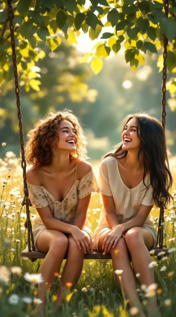 Two girls talking while sitting on a swing
