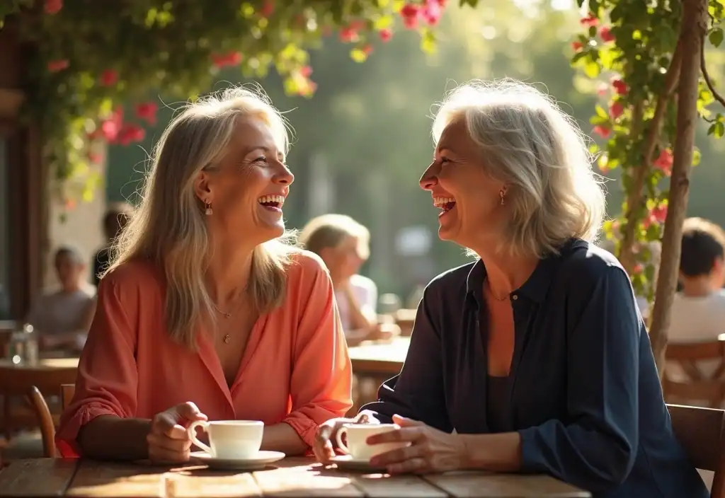 AI-generated illustration of two women sitting at a cafe table together, both laughing.