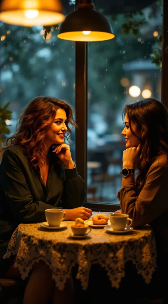Two women in a conversation at a cafe table
