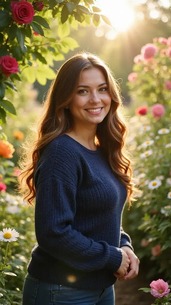 AI-generated illustration of a young woman standing in a garden, smiling.